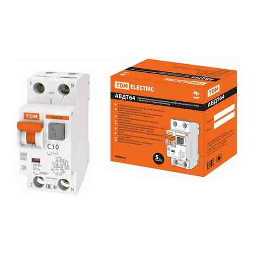 Дифференциальный автоматический выключатель Tdm Electric АВДТ 64, 2Р(1Р+N), C10, 30 мА, 6 кА, тип А