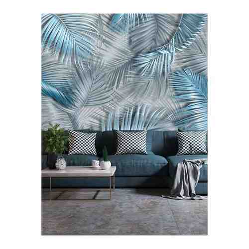 Фотообои Hit Wall 300х270 флизелиновые Стильные листья тропические синие на сером в спальню прихожую кухню