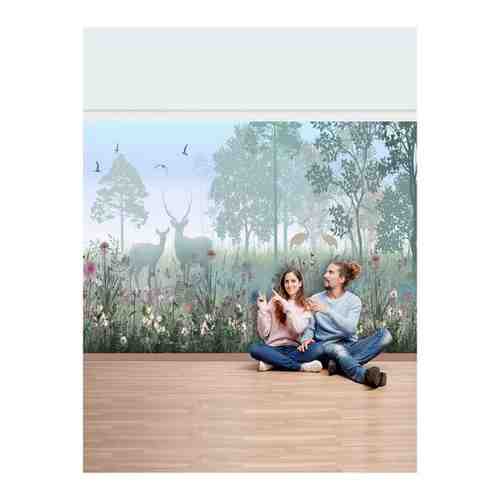Фотообои Hit Wall 400х270 флизелиновые Лес в тумане цветы и олени бирюзовые тона/ для дизайна прихожей кухни спальни детской