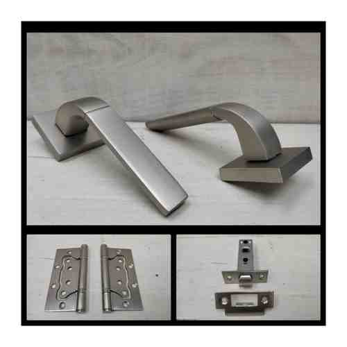 Комплект ручек для дверей Puerto INAL_536-03_MSN_L6-45, никель супер матовый (ручка + замок защелка + 2 петли без врезки)